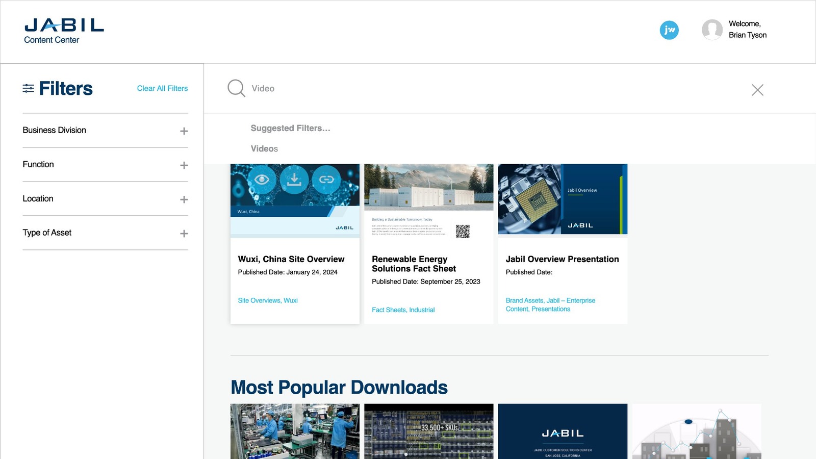 Jabil Content Center search and filter interface