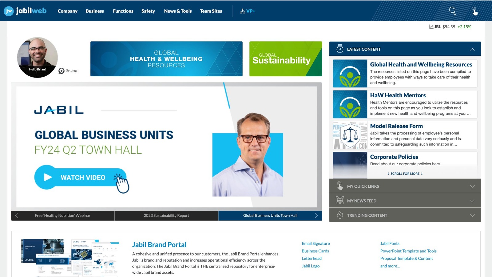 JabilWeb final platform — personalized homepage with quick links and latest content